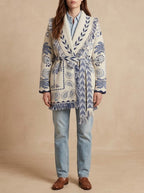Arazzo – Cardigan lungo in maglia jacquard con cintura, panna e blu