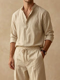 Completo Camicia Coreana e Pantalone in Cotone e Lino