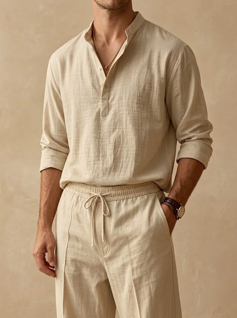 Completo Camicia Coreana e Pantalone in Cotone e Lino