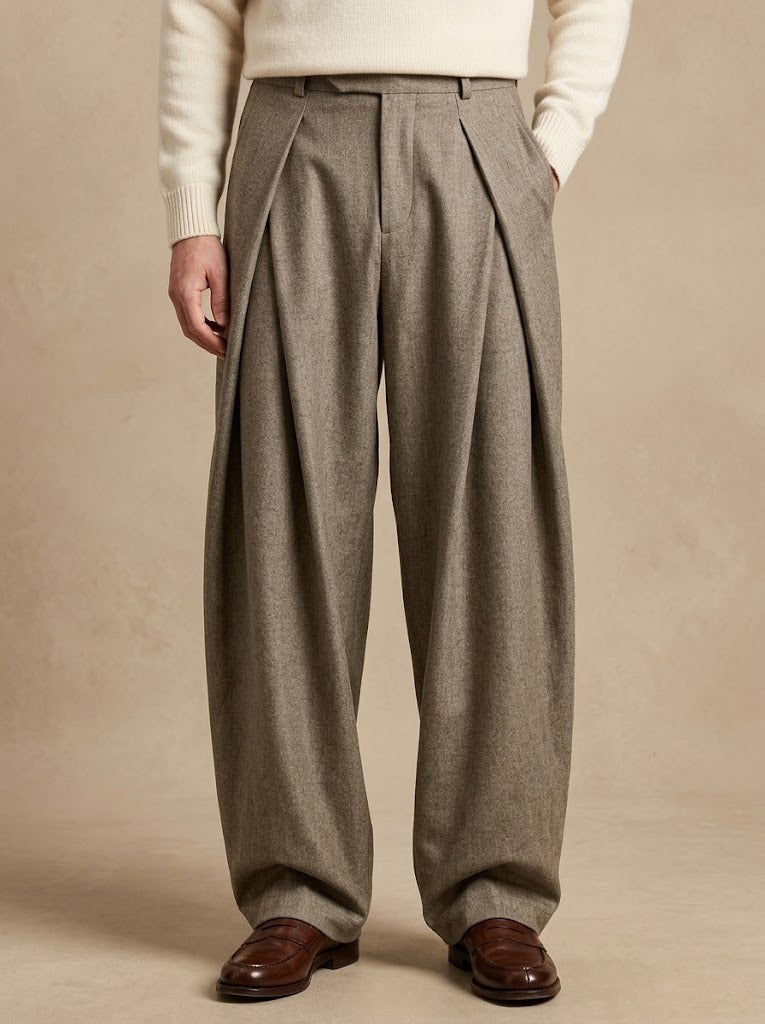 Pantalone a Gamba Ampia con Pieghe Stile Rétro