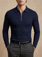 Polo a Righe a Maniche Lunghe con Collo a Zip