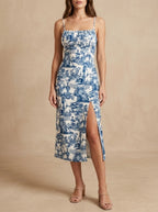 Porcellana – Abito midi a fiori con spacco, blu navy